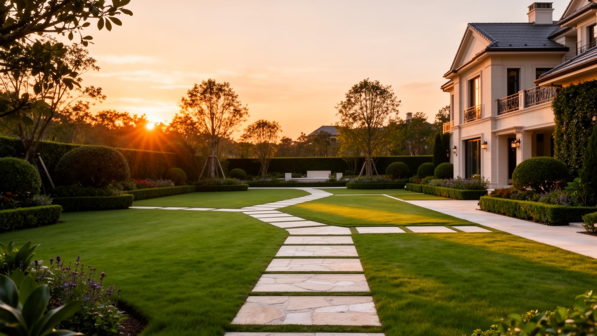 Beautifully landscaped residential estate garden with stone paths and manicured lawn