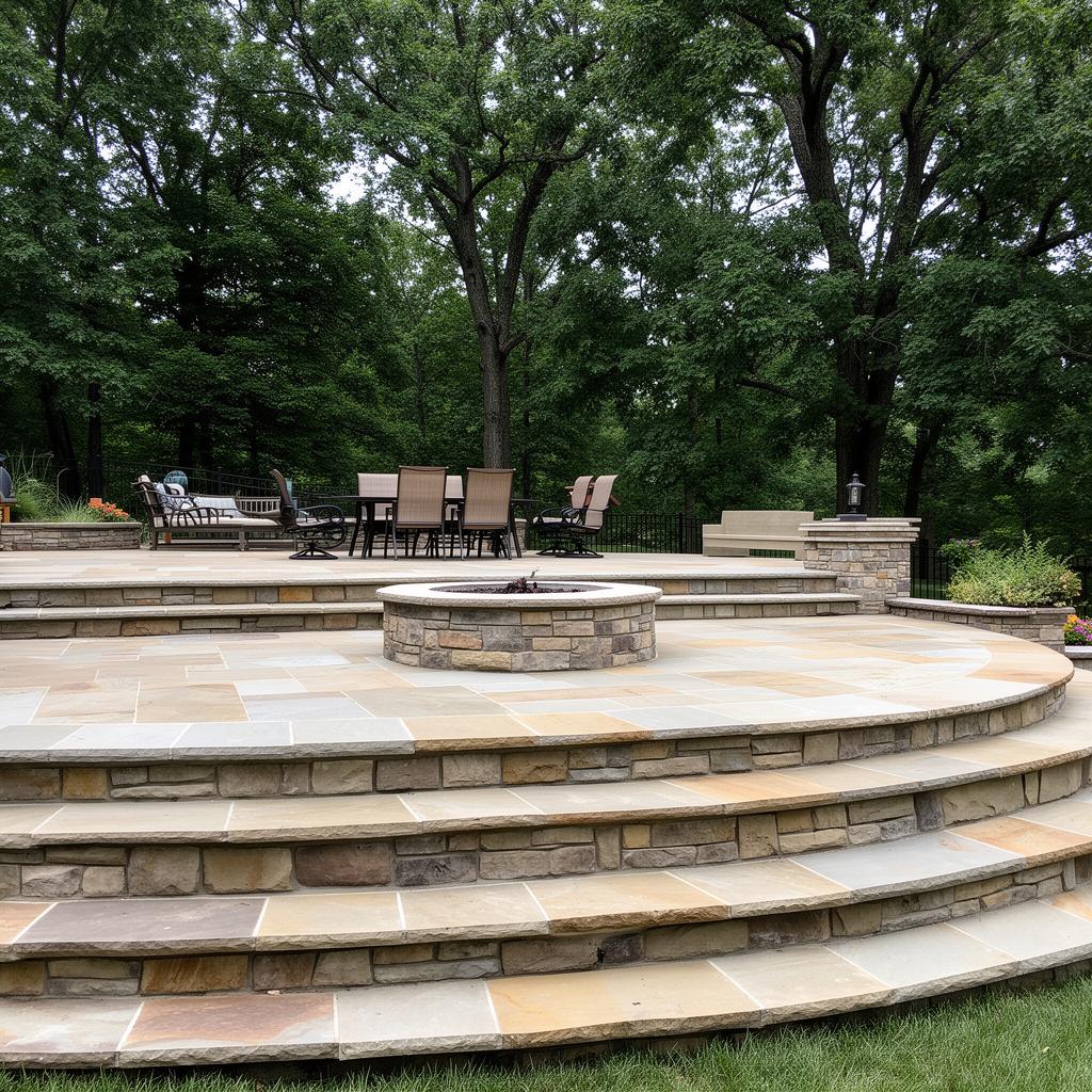 Modern limestone fire pit with patio furniture in a professionally landscaped backyard