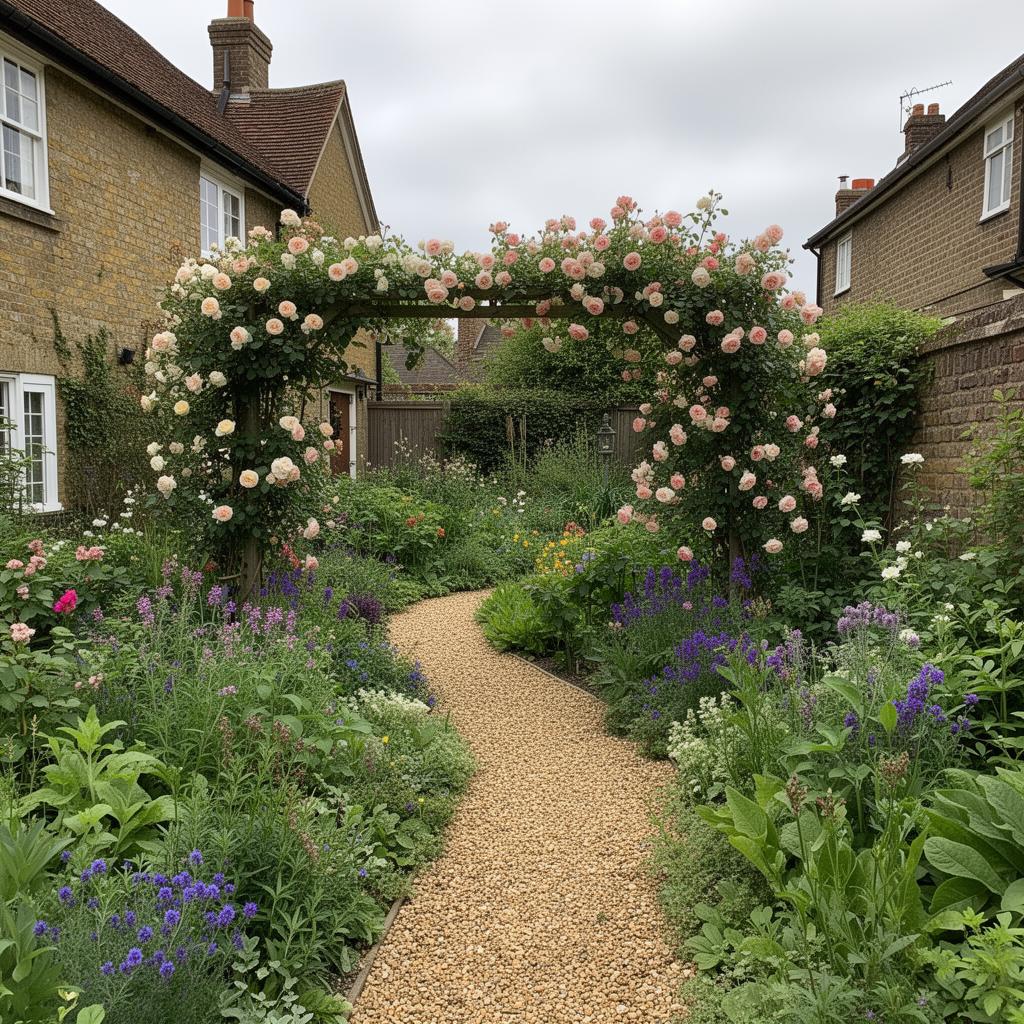 Blooming English cottage garden with gravel path and colorful flowers